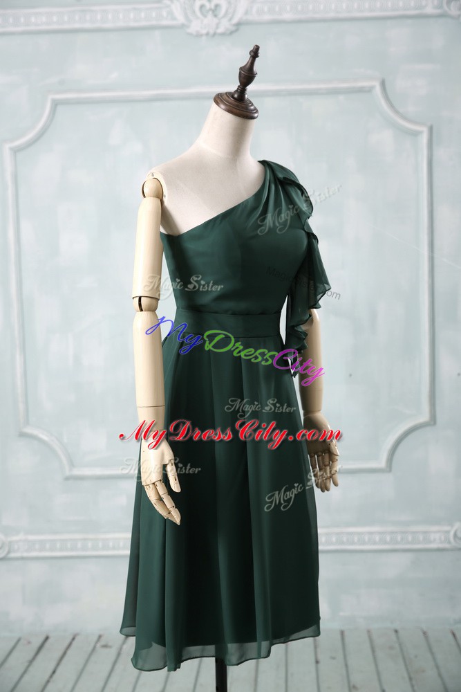 Peacock Green Chiffon Zipper One Shoulder Sleeveless Knee Length Evening Dress Ruching