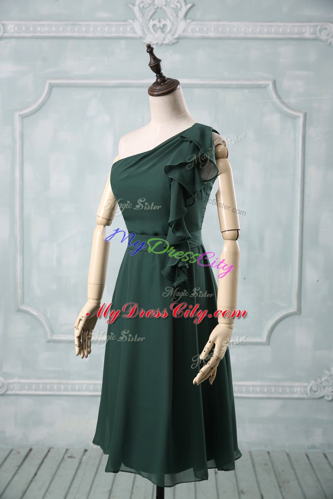 Peacock Green Chiffon Zipper One Shoulder Sleeveless Knee Length Evening Dress Ruching