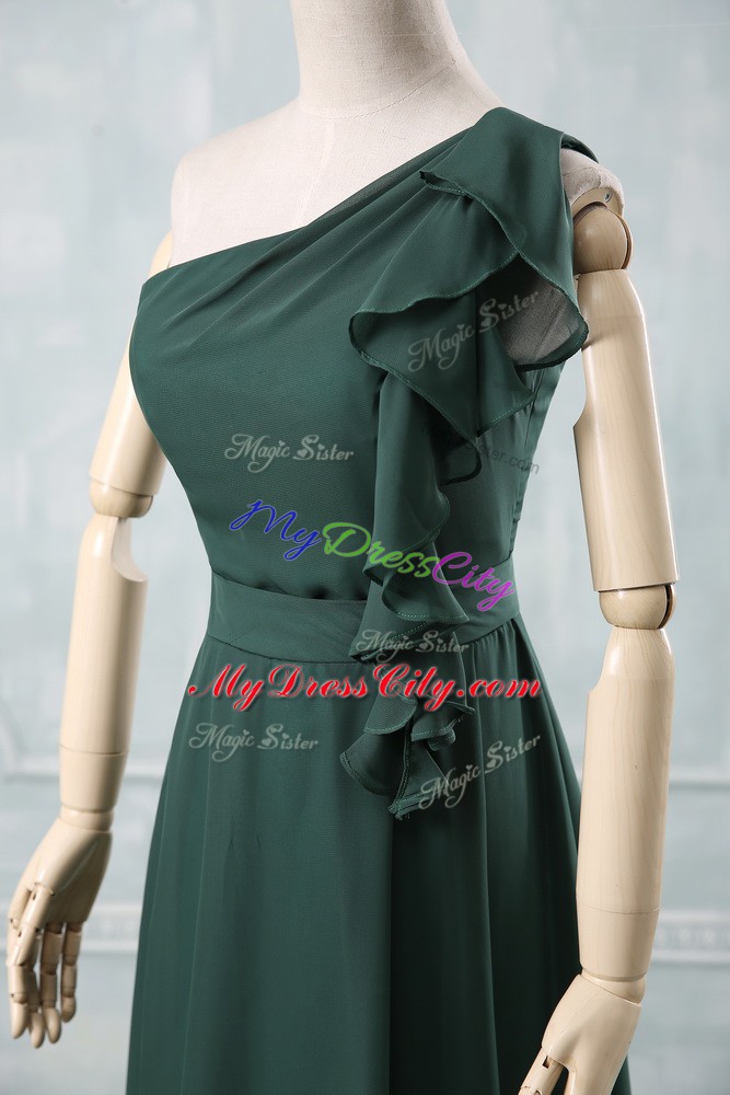 Peacock Green Chiffon Zipper One Shoulder Sleeveless Knee Length Evening Dress Ruching