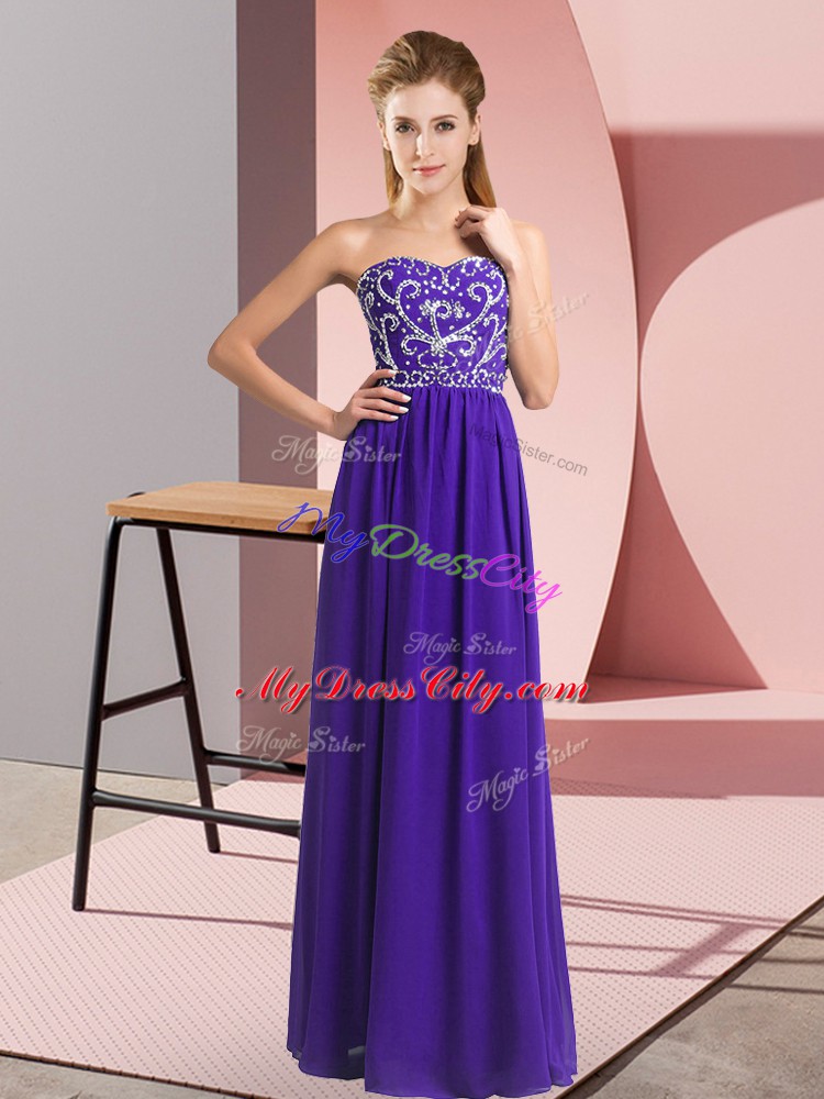 Hot Sale Floor Length Purple Evening Dress Chiffon Sleeveless Beading