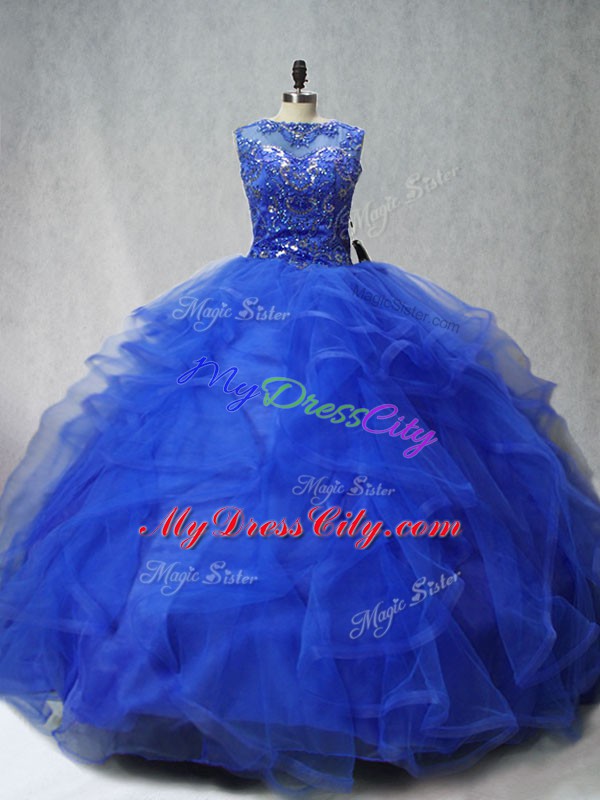 Royal Blue Sleeveless Brush Train Beading and Ruffles Quinceanera Dress