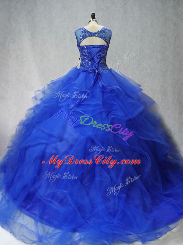 Royal Blue Sleeveless Brush Train Beading and Ruffles Quinceanera Dress