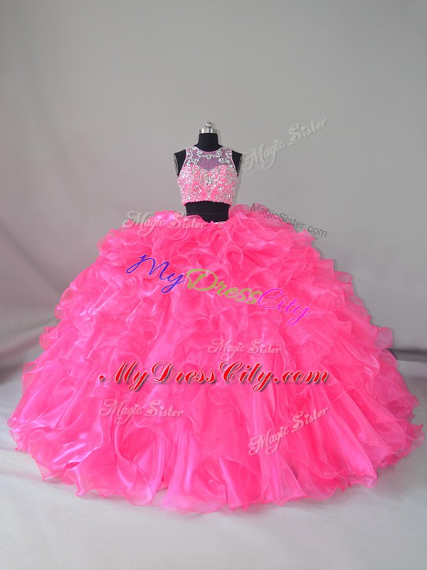 Hot Pink Two Pieces Scoop Sleeveless Organza Court Train Zipper Beading and Ruffles Quinceanera Dresses