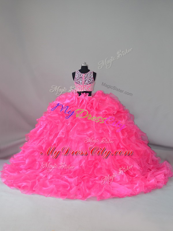 Hot Pink Two Pieces Scoop Sleeveless Organza Court Train Zipper Beading and Ruffles Quinceanera Dresses