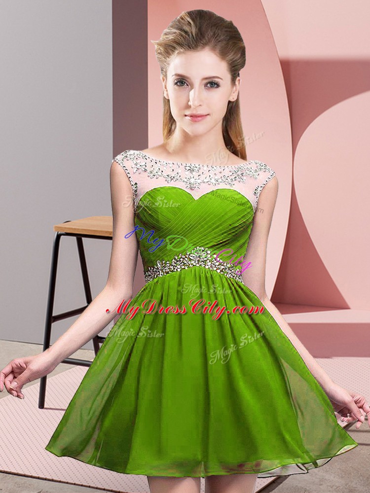 Olive Green A-line Chiffon Scoop Sleeveless Beading and Ruching Mini Length Backless Prom Dress