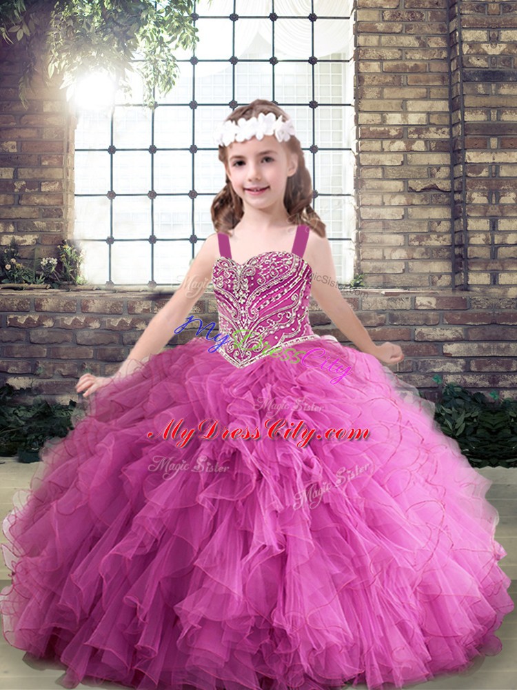 Lilac Tulle Zipper Winning Pageant Gowns Sleeveless Floor Length Beading