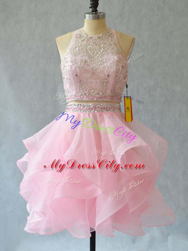 Romantic Mini Length Backless Prom Party Dress Baby Pink for Prom and Party with Beading and Ruffles