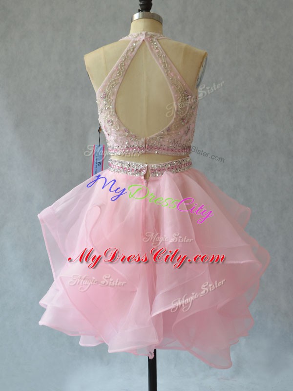 Romantic Mini Length Backless Prom Party Dress Baby Pink for Prom and Party with Beading and Ruffles