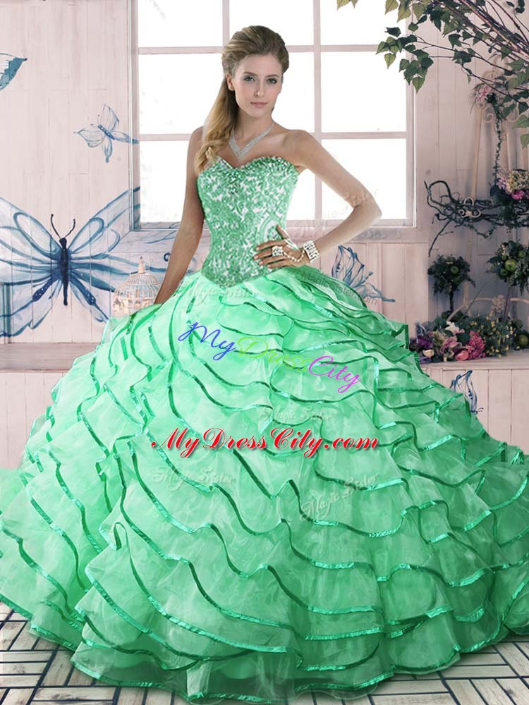 Sweet Apple Green Organza Lace Up Sweetheart Sleeveless Sweet 16 Dress Brush Train Ruffled Layers