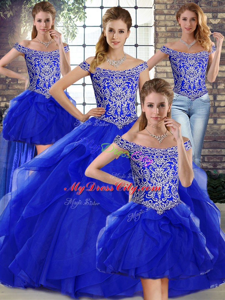 Hot Sale Royal Blue Quinceanera Dress Off The Shoulder Sleeveless Brush Train Lace Up