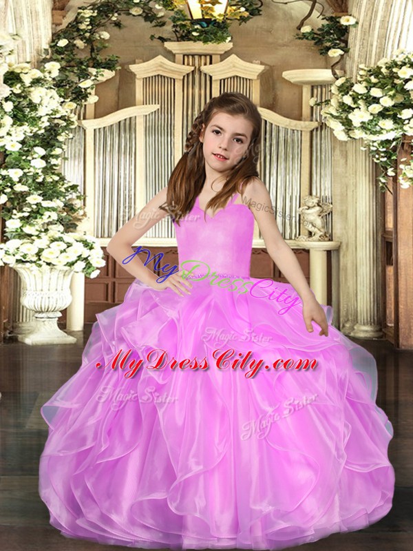 Custom Fit Sleeveless Floor Length Ruffled Layers Lace Up Little Girl Pageant Gowns with Lilac