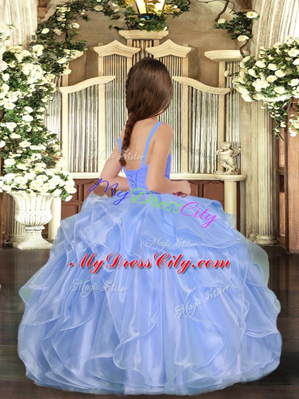 Custom Fit Sleeveless Floor Length Ruffled Layers Lace Up Little Girl Pageant Gowns with Lilac