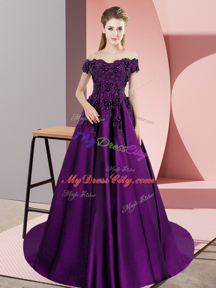 Amazing Eggplant Purple Sleeveless Satin Court Train Zipper 15th Birthday Dress for Sweet 16 and Quinceanera