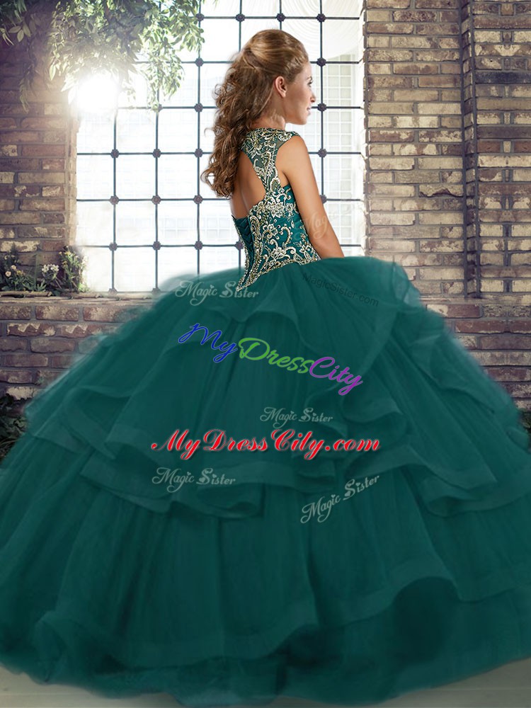 Luxury Sleeveless Floor Length Beading and Ruffles Lace Up Sweet 16 Quinceanera Dress with Purple