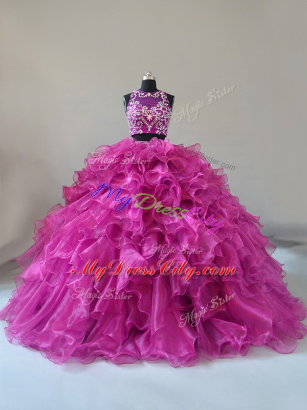 Beautiful Two Pieces Sleeveless Fuchsia Sweet 16 Quinceanera Dress Brush Train Zipper