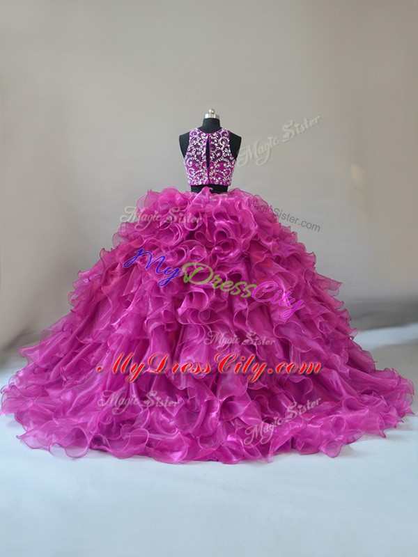 Beautiful Two Pieces Sleeveless Fuchsia Sweet 16 Quinceanera Dress Brush Train Zipper