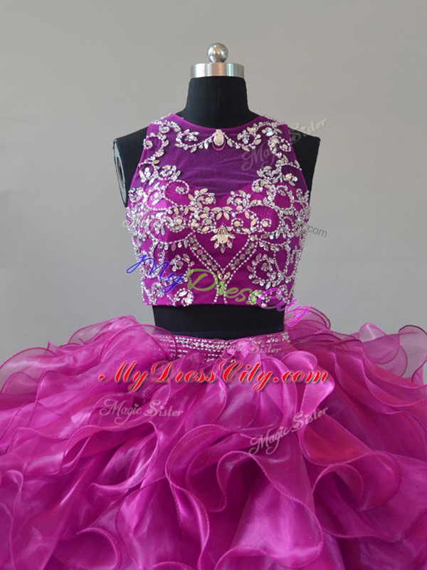 Beautiful Two Pieces Sleeveless Fuchsia Sweet 16 Quinceanera Dress Brush Train Zipper