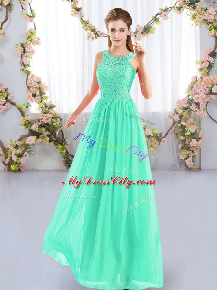 Attractive Floor Length Apple Green Quinceanera Dama Dress Chiffon Sleeveless Lace