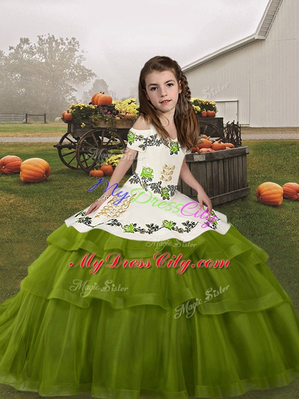 Olive Green Lace Up Little Girls Pageant Dress Embroidery and Ruffled Layers Sleeveless Floor Length