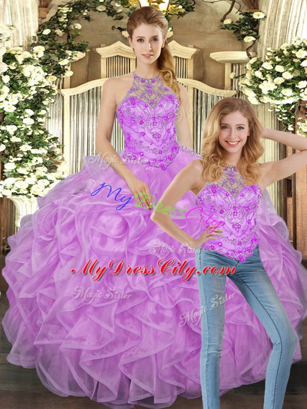 Elegant Two Pieces Sweet 16 Dresses Lilac Halter Top Tulle Sleeveless Floor Length Lace Up