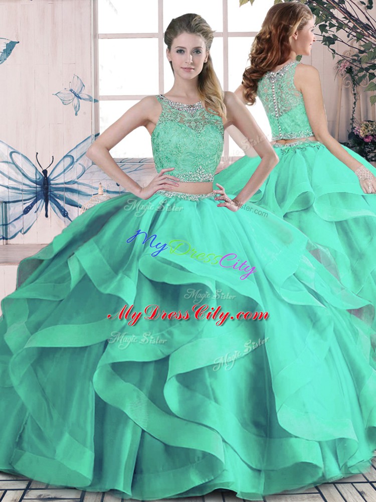 Beading and Ruffles 15 Quinceanera Dress Turquoise Lace Up Sleeveless Floor Length