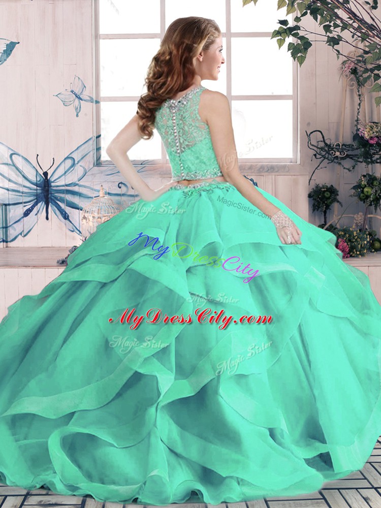 Beading and Ruffles 15 Quinceanera Dress Turquoise Lace Up Sleeveless Floor Length