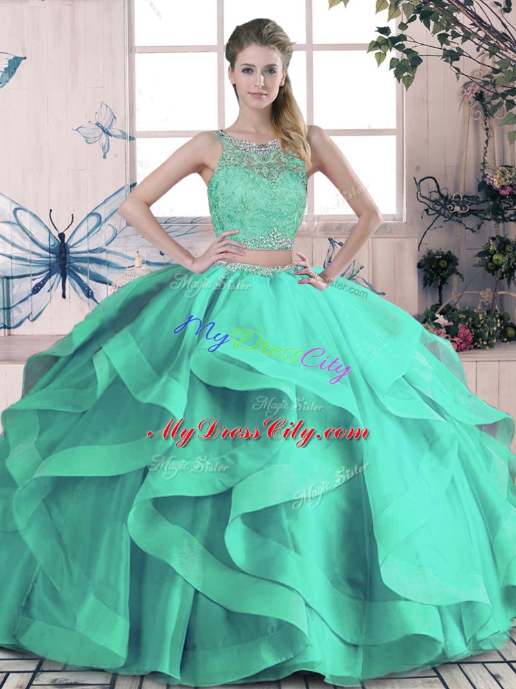 Beading and Ruffles 15 Quinceanera Dress Turquoise Lace Up Sleeveless Floor Length