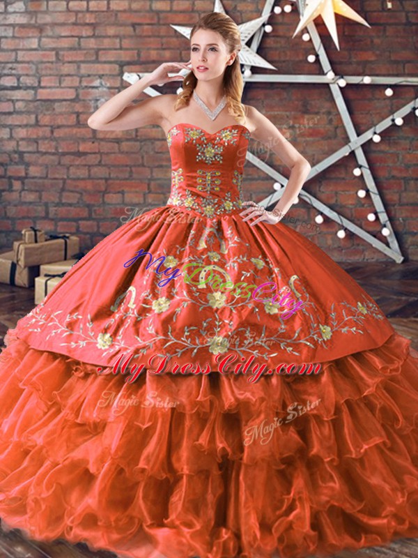 Rust Red Ball Gowns Embroidery and Ruffled Layers Ball Gown Prom Dress Lace Up Satin and Organza Sleeveless Floor Length