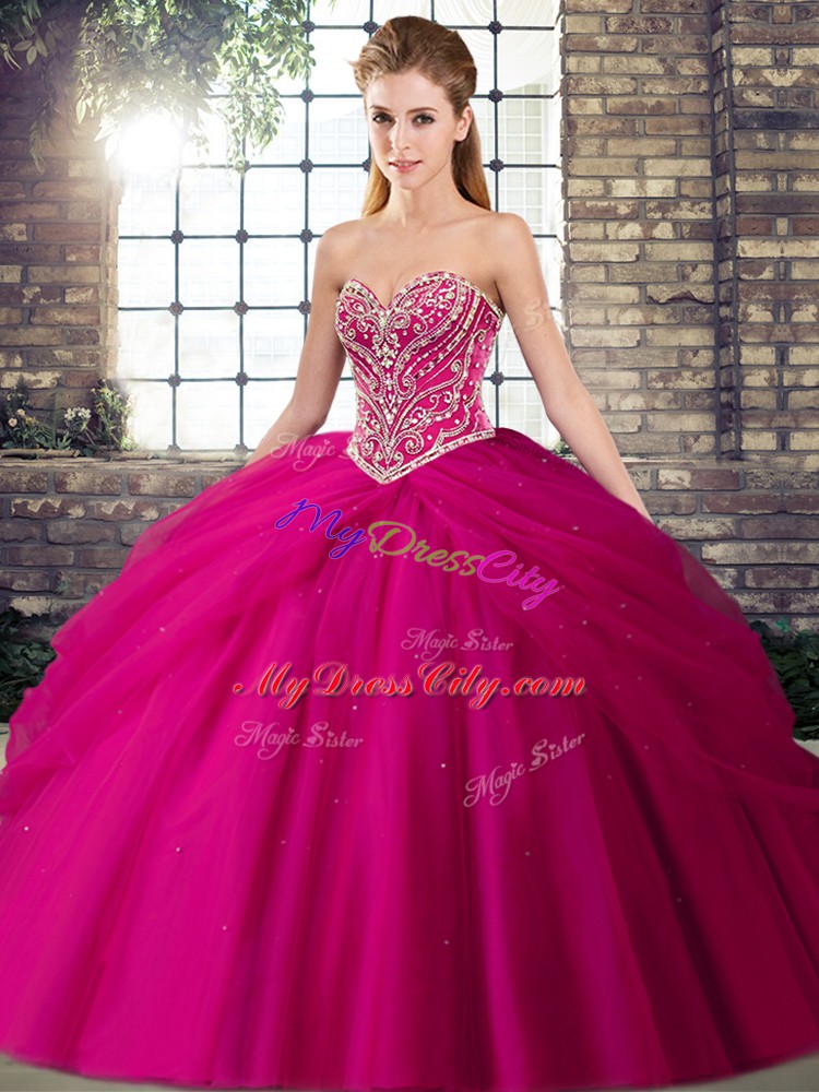 Custom Made Sleeveless Brush Train Lace Up Beading and Pick Ups Quinceanera Dresses