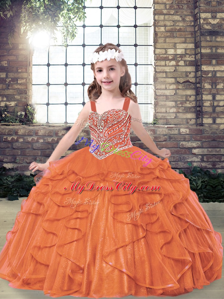 Beading and Ruffles Pageant Gowns For Girls Orange Red Lace Up Sleeveless Floor Length