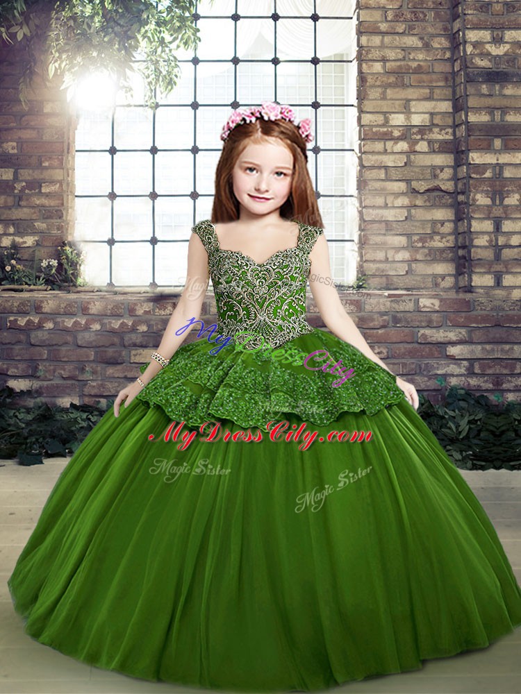 Green Ball Gowns Beading Little Girls Pageant Dress Lace Up Tulle Sleeveless Floor Length