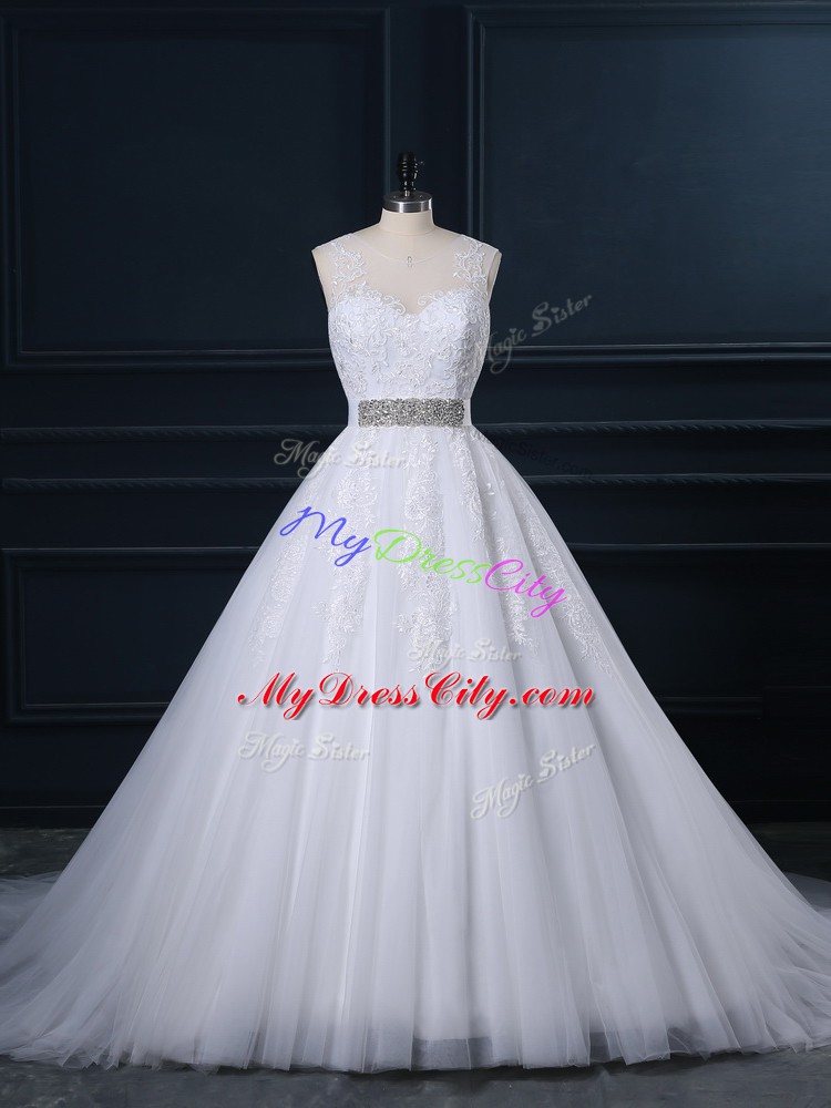 Great Sleeveless Tulle Court Train Zipper Wedding Gowns in White with Beading and Lace