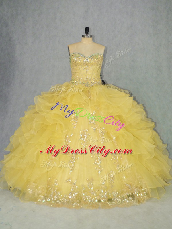 Classical Yellow Sleeveless Appliques and Ruffles Floor Length Sweet 16 Dress