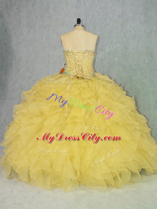 Classical Yellow Sleeveless Appliques and Ruffles Floor Length Sweet 16 Dress