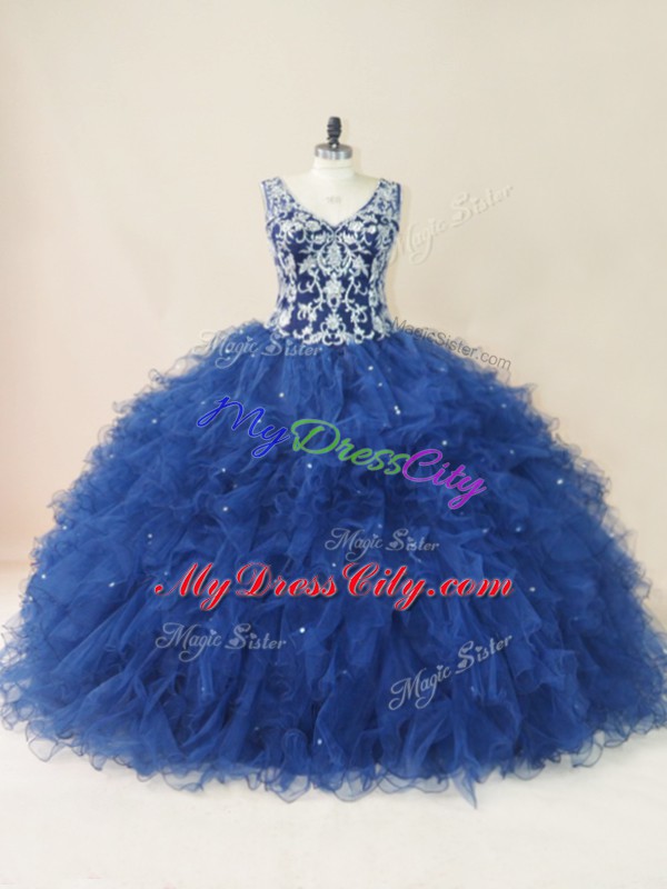 Enchanting Navy Blue V-neck Backless Embroidery and Ruffles Vestidos de Quinceanera Sleeveless