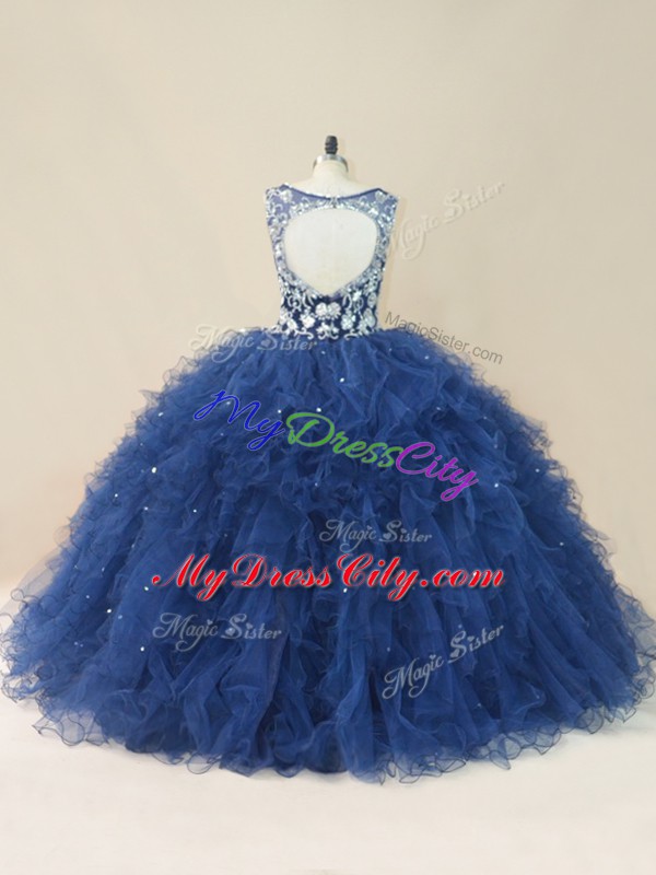 Enchanting Navy Blue V-neck Backless Embroidery and Ruffles Vestidos de Quinceanera Sleeveless