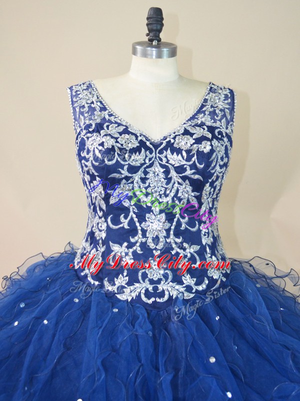 Enchanting Navy Blue V-neck Backless Embroidery and Ruffles Vestidos de Quinceanera Sleeveless