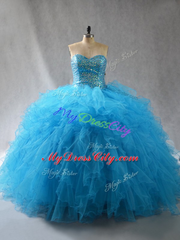 Baby Blue Lace Up Quinceanera Dresses Beading and Ruffles Sleeveless Floor Length