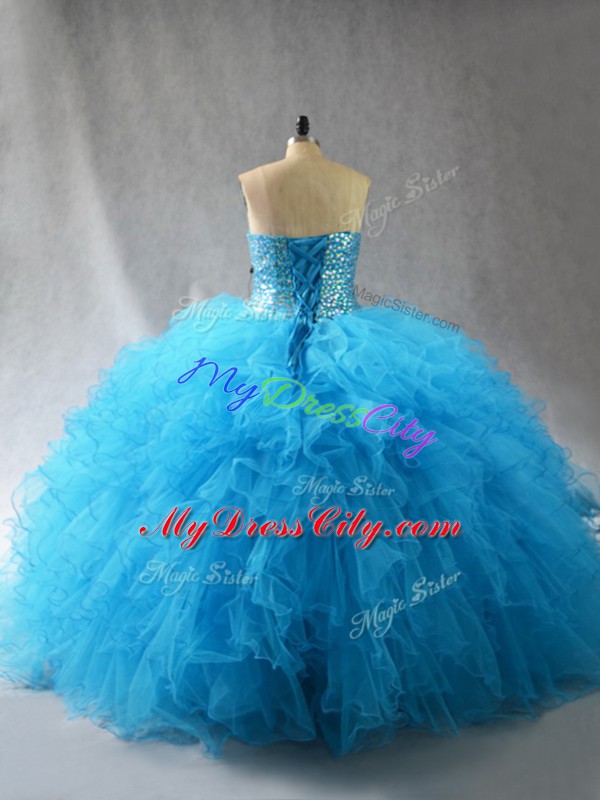 Baby Blue Lace Up Quinceanera Dresses Beading and Ruffles Sleeveless Floor Length