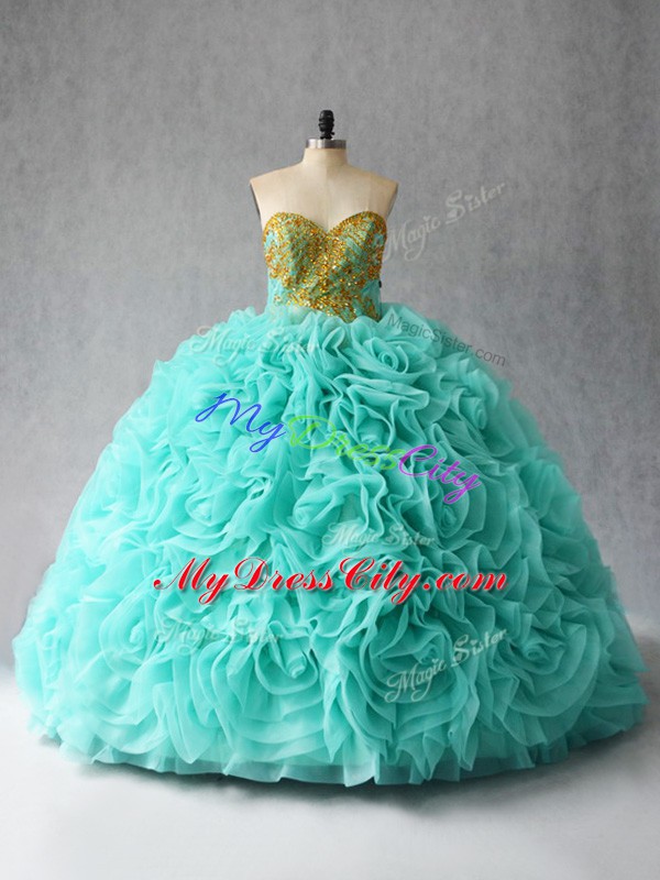 Lace Up 15th Birthday Dress Aqua Blue for Sweet 16 and Quinceanera with Beading and Ruffles Court Train