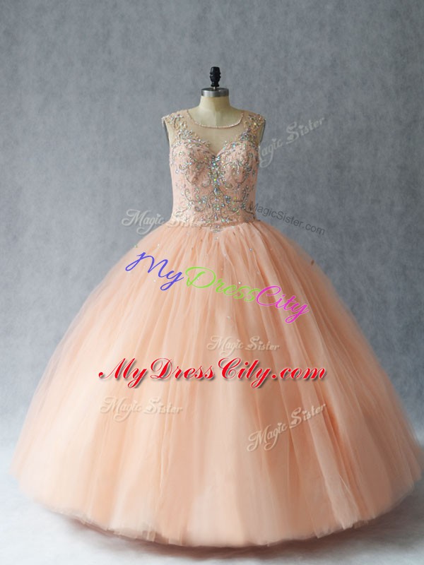 Peach Sleeveless Beading Floor Length Sweet 16 Dresses