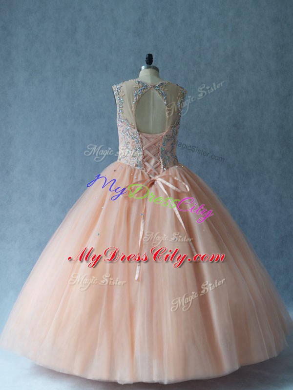 Peach Sleeveless Beading Floor Length Sweet 16 Dresses