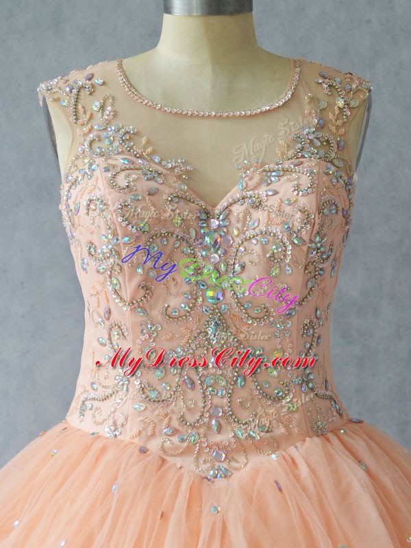 Peach Sleeveless Beading Floor Length Sweet 16 Dresses