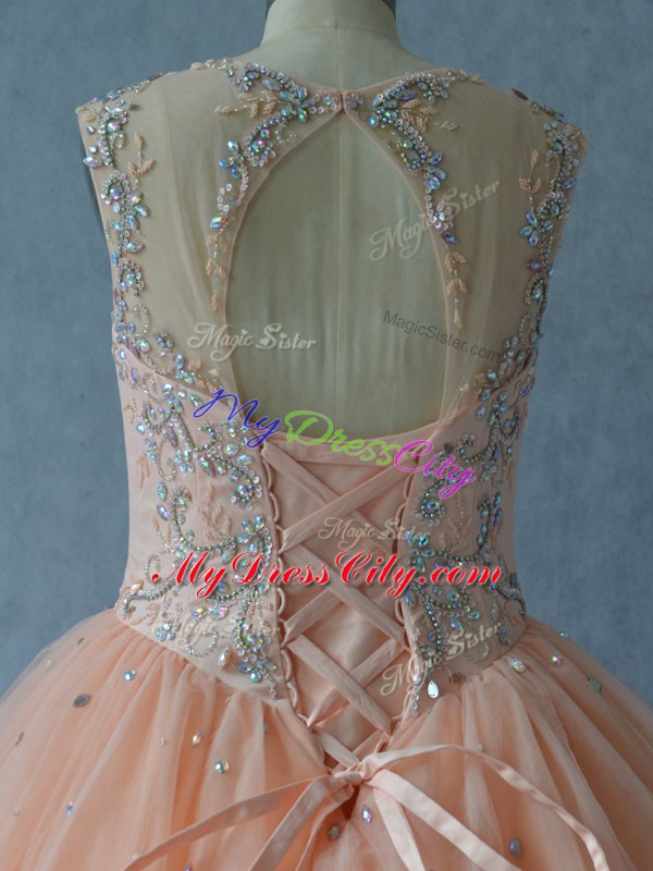 Peach Sleeveless Beading Floor Length Sweet 16 Dresses