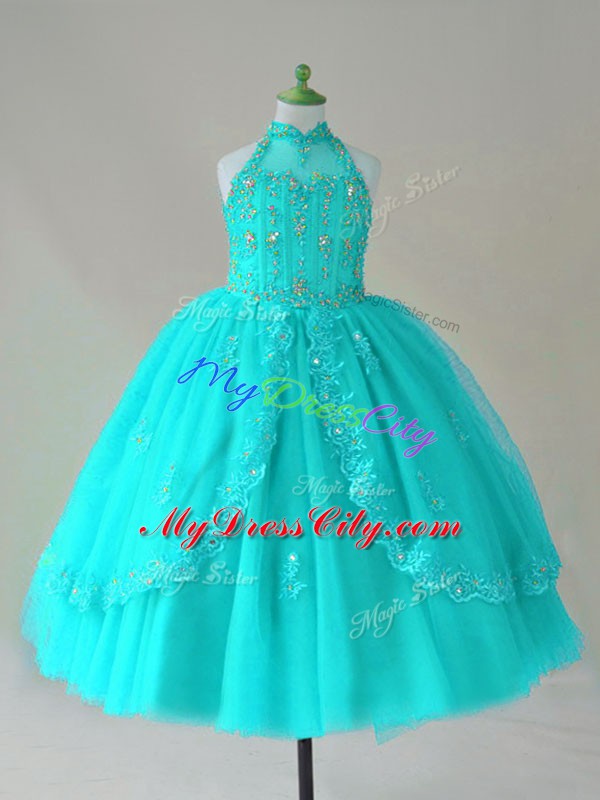 Superior Sleeveless Floor Length Beading and Appliques Lace Up Glitz Pageant Dress with Aqua Blue