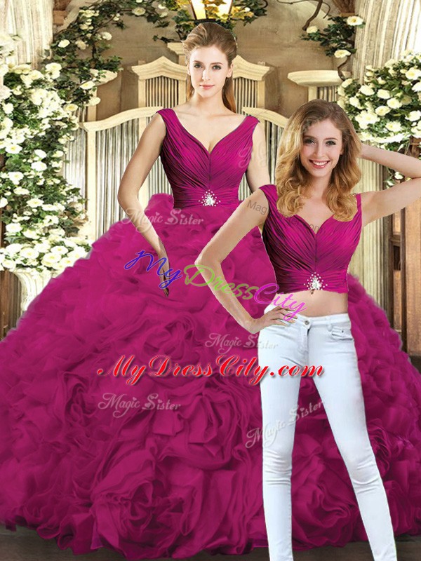 Customized Fuchsia Sweet 16 Dresses Military Ball and Sweet 16 and Quinceanera with Beading V-neck Sleeveless Backless