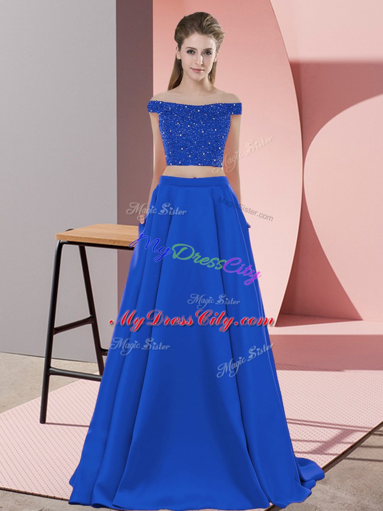 Off The Shoulder Sleeveless Evening Party Dresses Sweep Train Beading Royal Blue Elastic Woven Satin