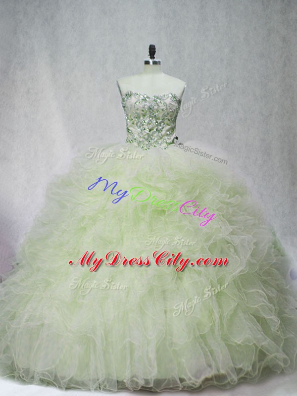 Fashionable Yellow Green Quinceanera Dresses Tulle Brush Train Sleeveless Beading