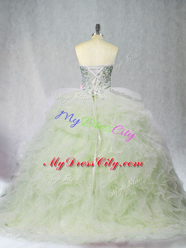 Fashionable Yellow Green Quinceanera Dresses Tulle Brush Train Sleeveless Beading