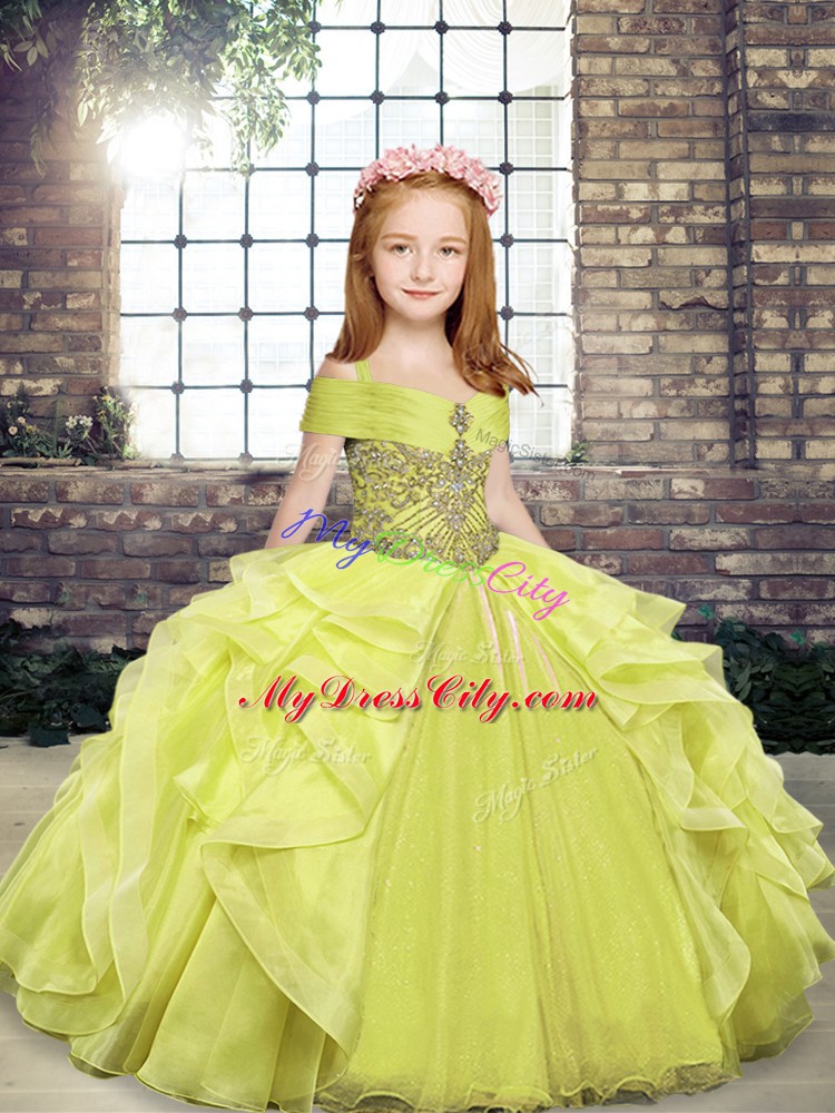 Organza Sleeveless Floor Length Kids Pageant Dress and Beading and Ruffles